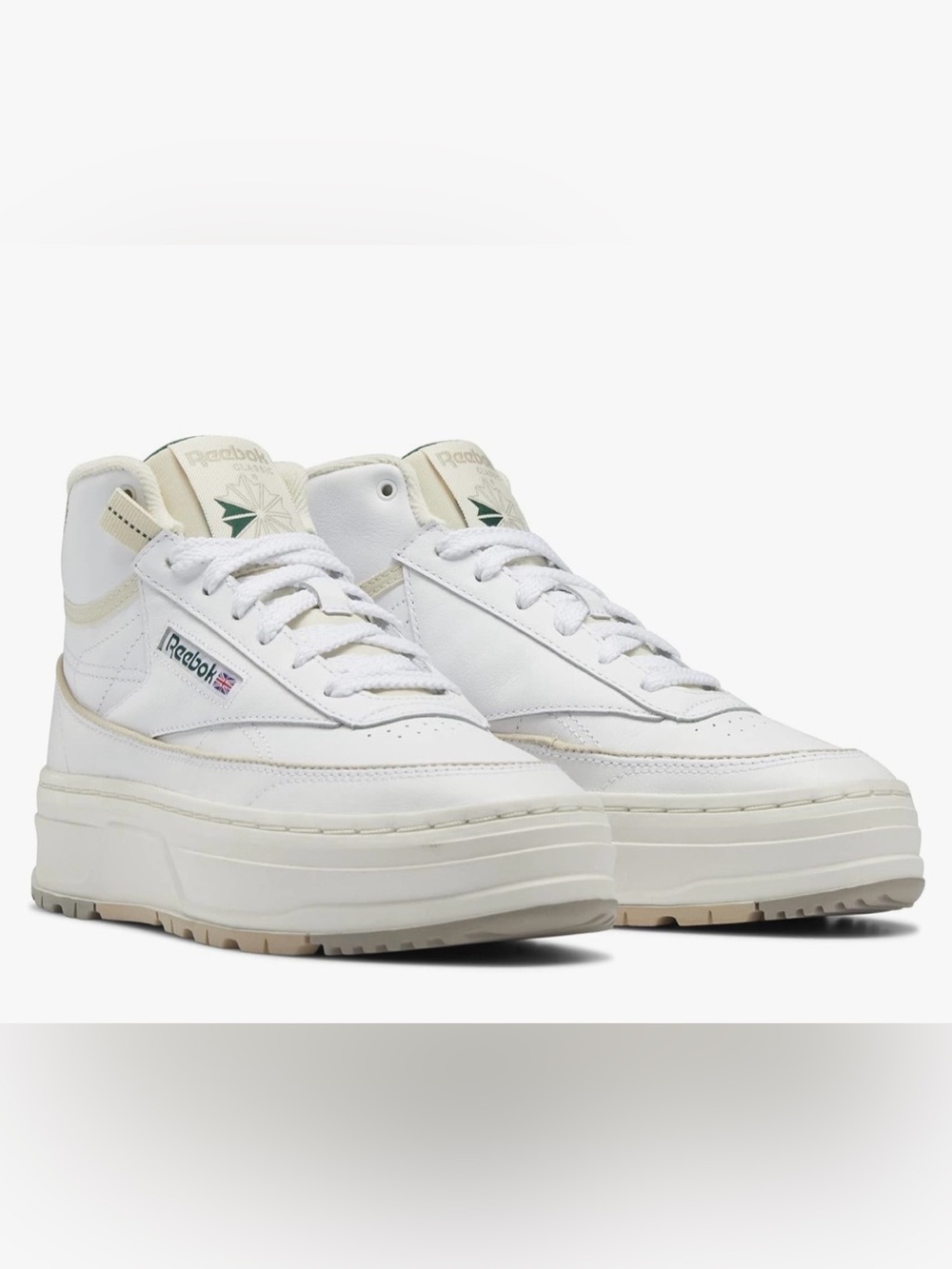Reebok Women's Club C Geo Mid White Leather Platform Sneakers with Cream Accents